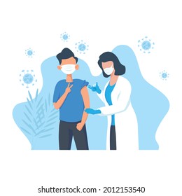 Flat Design Professional nurse or doctor giving antiviral injection to patient wear medical face mask at the Hospital. Vaccination, immunization, disease prevention concept from the Covid-19 virus