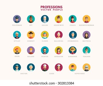 Flat Design Professional People Avatar Icon Set. Policeman, Sailor, Housewife, Cowboy, Builder, Teacher, Doctor, Seper Hero, Waitress, Gardener