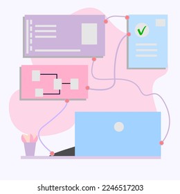 Flat design of Programmers' Work Management. Coding Illustration with light colors. Development Concept - Laptop Connected with Multiple Screens. Software Interface.