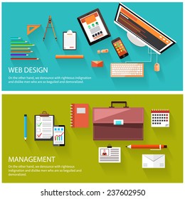 Flat design of project management and creative process. Web design and management concept. Computer monitor with the screen of the program for design and architecture