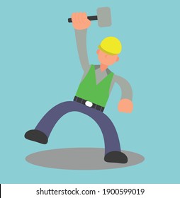 Flat design of a project worker carrying a hammer on a light blue background