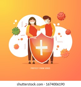 Flat design of protecting and be safe from corona virus, protect the family from viruses