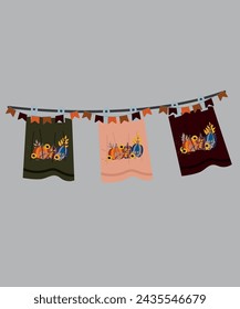 Flat Design Pumpkins Illustration and Clothesline Bath and Towels