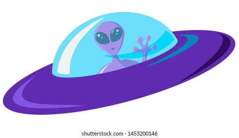 Flat design purple alien spaceship with blue glass. Pink martian with huge eyes is sitting in a ship and waving a greeting. Vector illustration of a spacecraft isolated in white background.