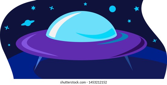 Flat design purple alien spaceship with blue glass and short legs standing on the surface of the planet on the star-background sky of the universe. Vector illustration of a spacecraft.
