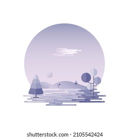 Diseño Plano Atardecer morado aislado en fondo blanco. Paisaje natural en ilustración vectorial.