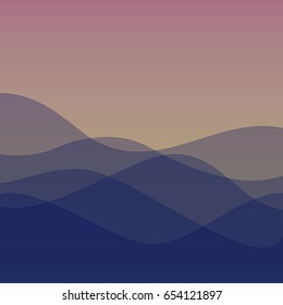 Flat design purple waves or hills on landscape. Simple template with waves in violet or sunrise colors. 