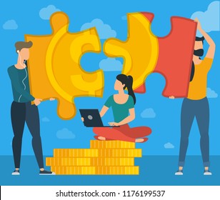 Flat design puzzle vector  business team work concept workflow management  investor growing  money abstract.