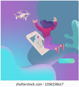 Flat design quadrocopter and girl background for site  vector
