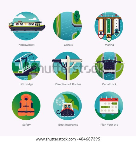 Flat design quality round web icons set on canal boat, narrowboat, boating holidays weekend touring. Hiring narrowboat for rent. Waterway travel. British traditional stern narrowboat recreation