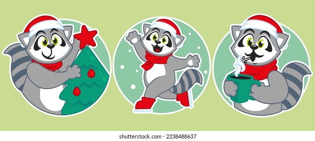 flat design raccoon winter christmas stickers