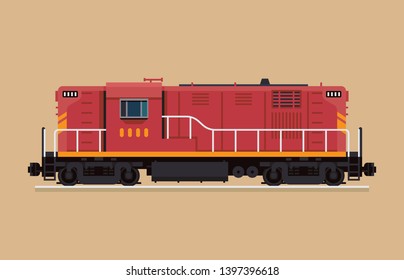 Flat design railway locomotive. Freight train diesel-electric engine. Hood unit switcher engine, isolated