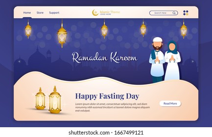 Flat design of Ramadan Kareem concept on landing page background, Happy fasting day illustration on landing page 