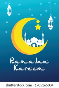 Diseño plano ramadan kareem concepto de tarjetas de felicitación Vector con elementos de la mezquita, estrellas y faroles por la noche