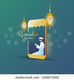 Flat design Ramadan kareem greeting postcard, Illustration of Muslim prayer on mobile phone wallpaper