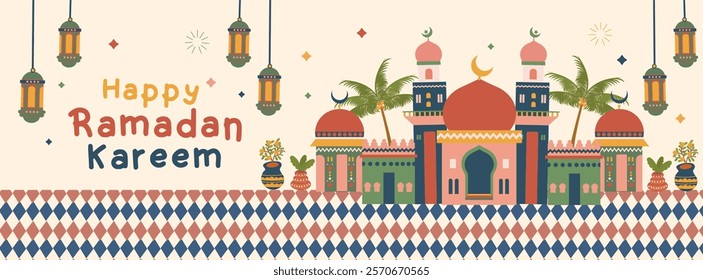 Flat Design Ramadhan Kareem Greeting Celebration Banner Hand Drawn Illustration. Vector Illustration Ramadan Kareem Celebration design for poster, greeting card, banner and cover.