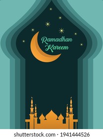 Flat design Ramadhan Kareem with mosque and halfmoon background for poster,cover,banner,layout, and story media social.