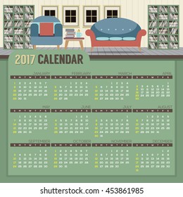Flat Design Reading Room 2017 Printable Calendar Starts Sunday Vector Illustration