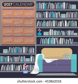 Flat Design Reading Room 2017 Printable Calendar Starts Sunday Vector Illustration