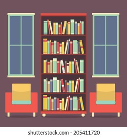 Flat Design Reading Seats and Bookcase Vector Illustration