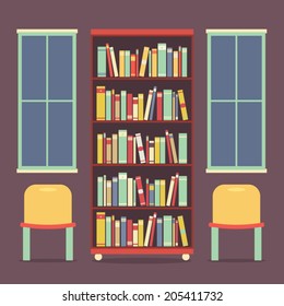 Flat Design Reading Seats and Bookcase Vector Illustration