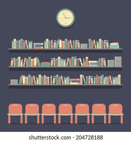 Flat Design Reading Seats And Bookshelves Vector Illustration