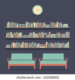 Flat Design Reading Seats and Bookshelves Vector Illustration