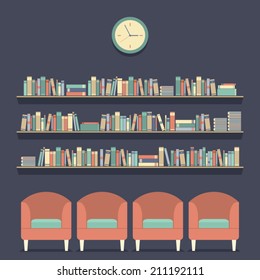 Flat Design Reading Seats and Bookshelves Vector Illustration