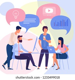 Flat design  ready to animation characters with speech bubbles infographic template. Office work and business, creative teamwork illustration. 