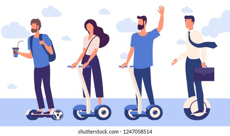 Flat design  ready to animation  characters of men and women with hoverboards. Flat design character pose set.