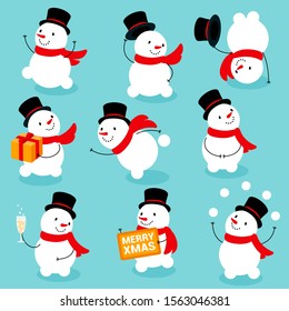 Flat design ready for animation collection of funny christmas snowman poses an actions. Vector set of funny cartoon characters, poses and emotions. Vector icons for web and mobile app.