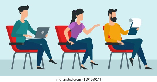 Flat design ready to animation men and women characters. Business process office vector concept. Group of business people having a meeting sitting at the meeting.