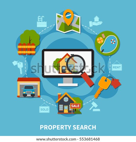 Flat design real estate concept with various property search and sale elements on blue background vector illustration