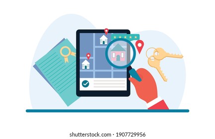 Diseño plano de la búsqueda de la mano de los bienes inmuebles con tablet, ilustración