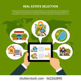 Flat design real estate online selection concept on green background with world map vector illustration