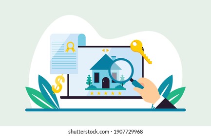 Diseño plano de búsqueda inmobiliaria con ilustración de laptop