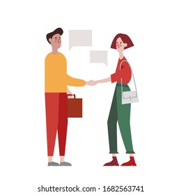 Flat design recruiting and hiring web page vector template. Young man and woman shaking hands over office working people concept for landing page, template, ui, web, mobile app. Join our team.