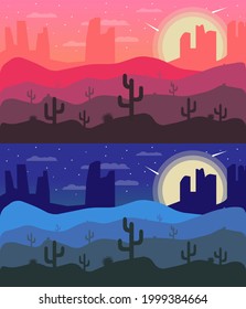 Flat design of red and blue desert landscape, can use as wallpaper in your desktop PC or Laptop