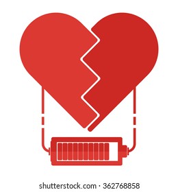 Flat design red broken hearts with battery charger sign and power line. Valentine Love power concept. 