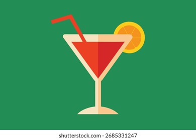 Flat Design Red Cocktail with Orange Slice and Straw on Green Background drink beverage