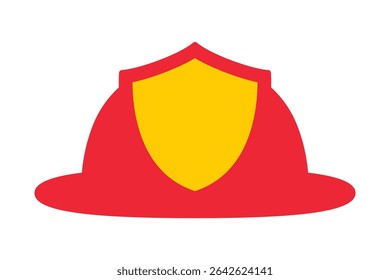 Flat design red firefighter helmet icon with yellow shield. Clipart image isolated on background.