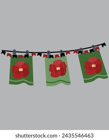  Diseño plano Ilustración de flores rojas y tendedero Baño y toallas