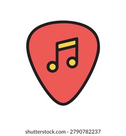 Flat design red guitar pick with two black music notes and a yellow highlight