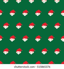 Flat design red hat santa claus for Christmas festival symbol seamless pattern on green tree background.