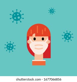 flat design red head woman wearing protection mask blue background coronavirus illustration