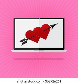 Flat design the red heart with arrow on laptop notebook love online dating on pink sunrays background. Valentines day I love you concept.