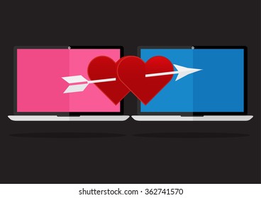 Flat design the red heart with arrow on laptop notebook love online dating. Valentines day I love you concept.