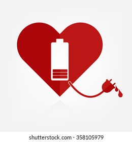 Flat design red hearts with low battery charger sign and power line with bloods. Valentine Love power concept. 