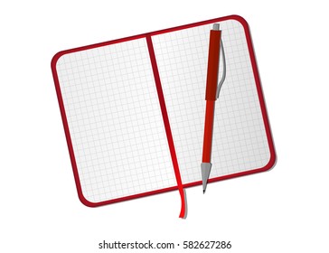 Flat design red notepad, paper sheet isolated on white background with place for text.