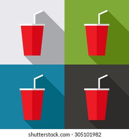 Flat Design Of Red Plastic Cup With Long Shadow Isolated On Colorful Background, Illustration, Vector